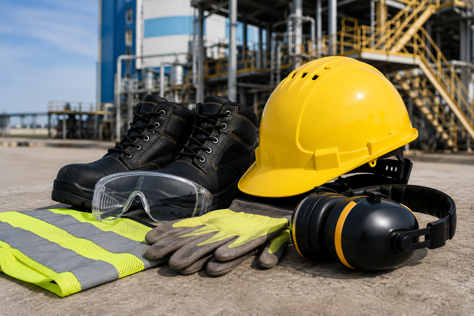 PPE including helmet, safety shoes, gloves, eyewear, and hearing protection